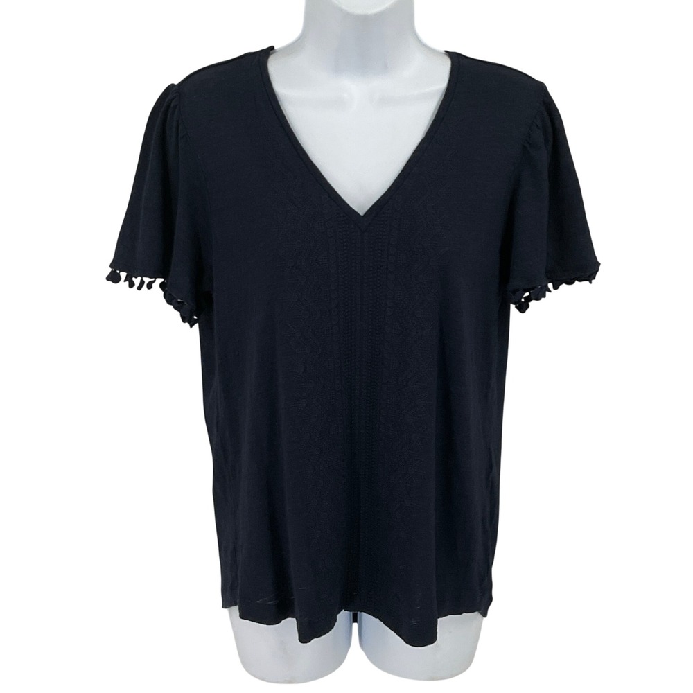 Chico's Top Women 1 M Blue Linen Pom Pom Trim Embroidered V-Neck Coastal Boho